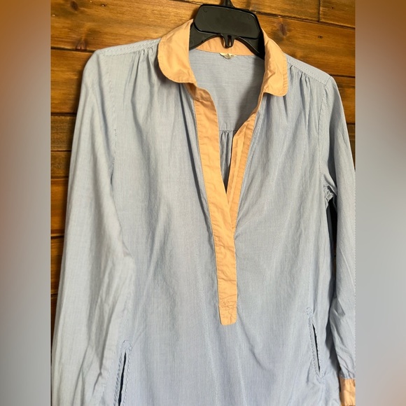 J.CREW Women's Blouse Cotton Blue White Stripe Peach Collar Hem Pockets Size S - Picture 2 of 7